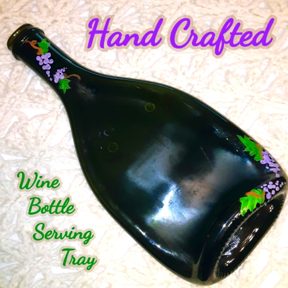 Hand Painted Glass Wine Bottle Serving Tray / Snack Dish Handcrafted by Kiln